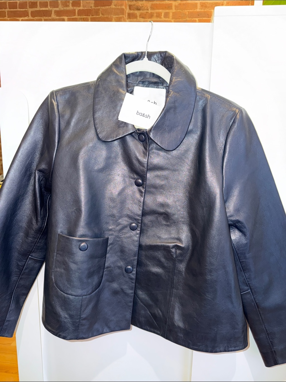 ba&sh Blue Leather Button-Front Jacket with Patch Pockets
